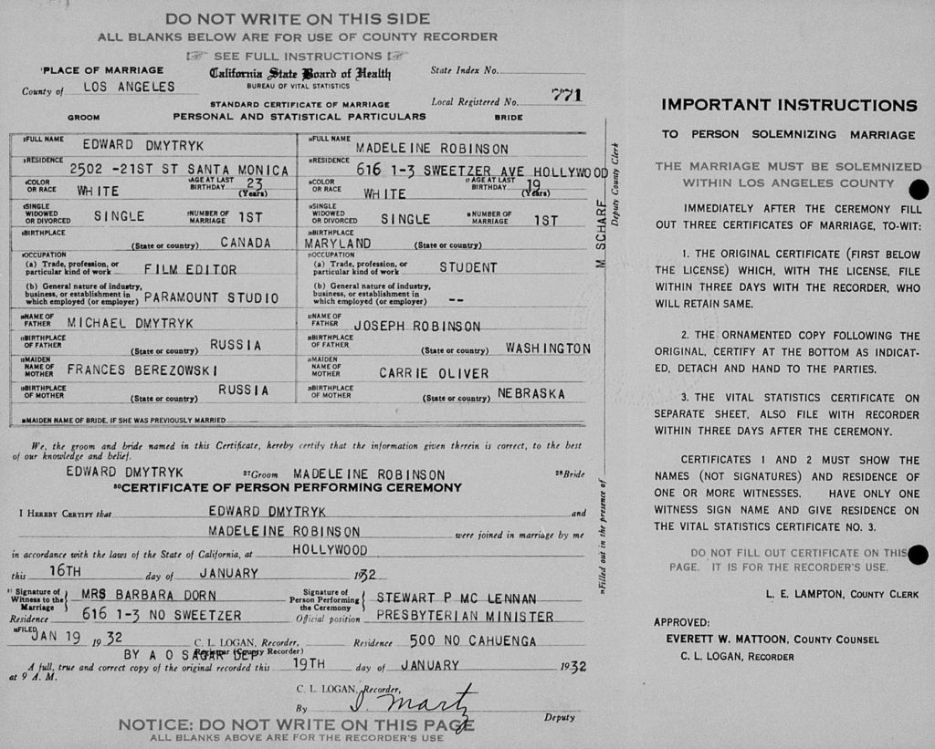Certyfikat ślubu Edwarda Dmytryka