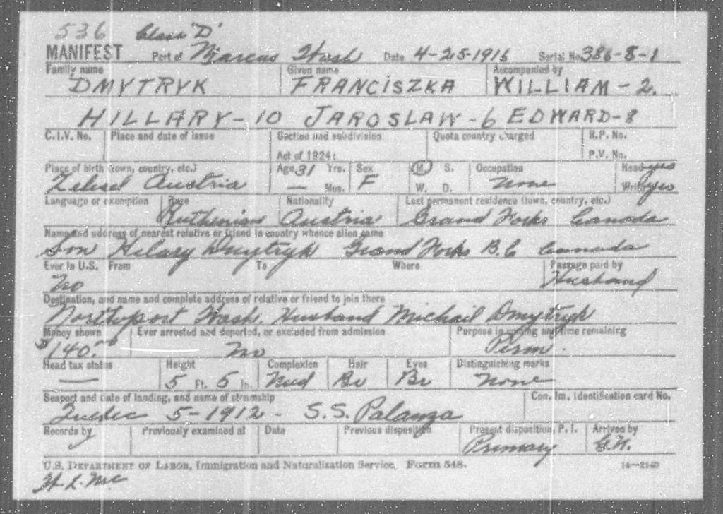 Dokumenty graniczne Franciszki Dmytryk i jej rodziny. Źródło: familysearch.org